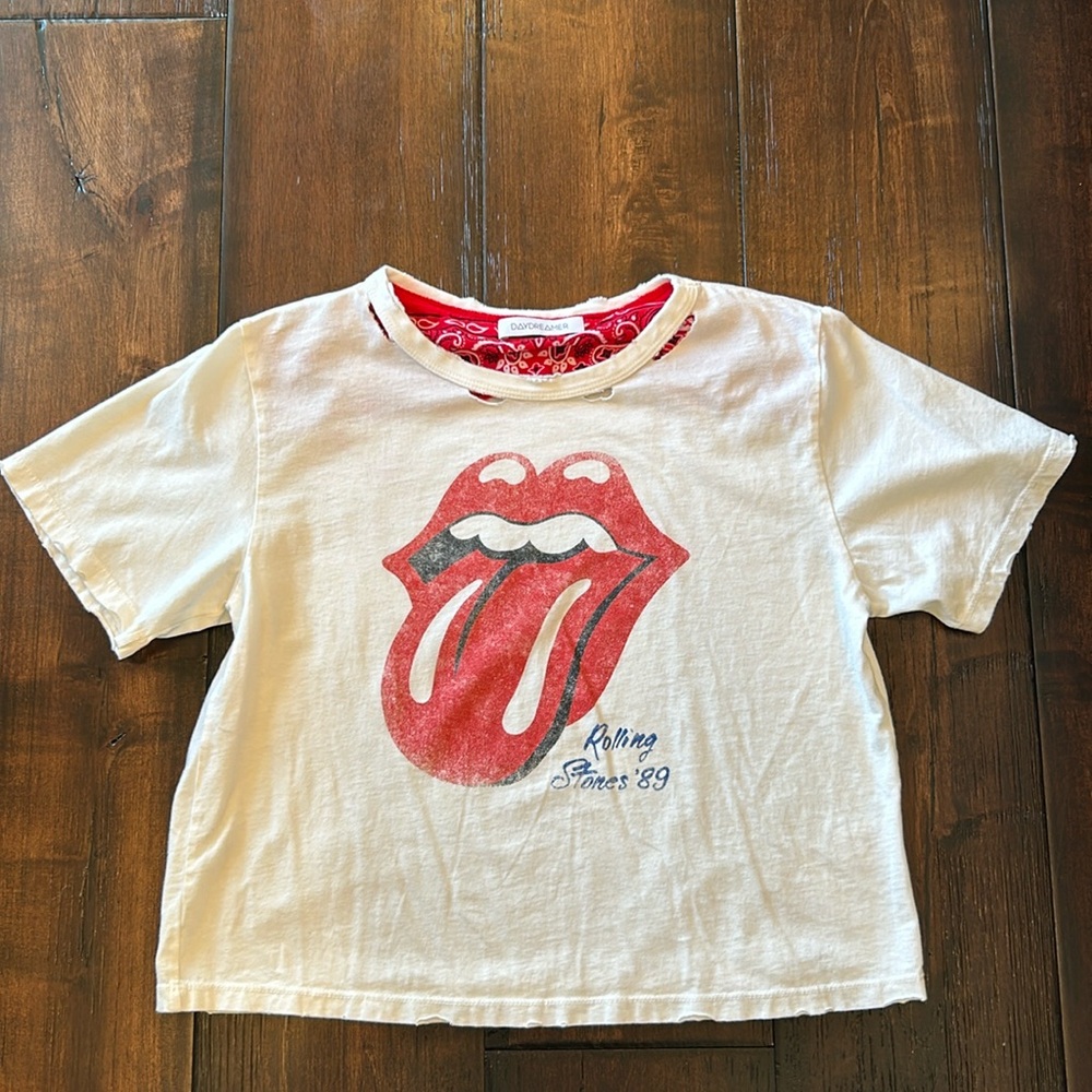 Rolling Stones- Distressed White Tee- Red paisley underlay- cropped